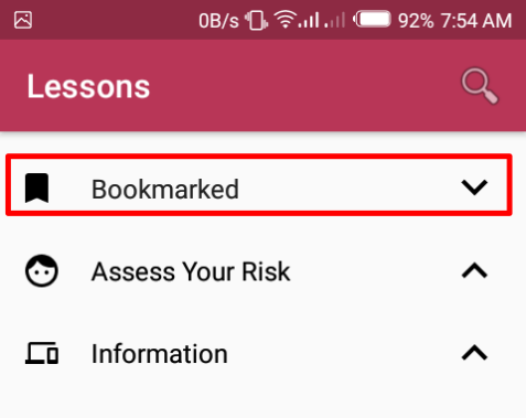 Bookmarked section in lessons menu